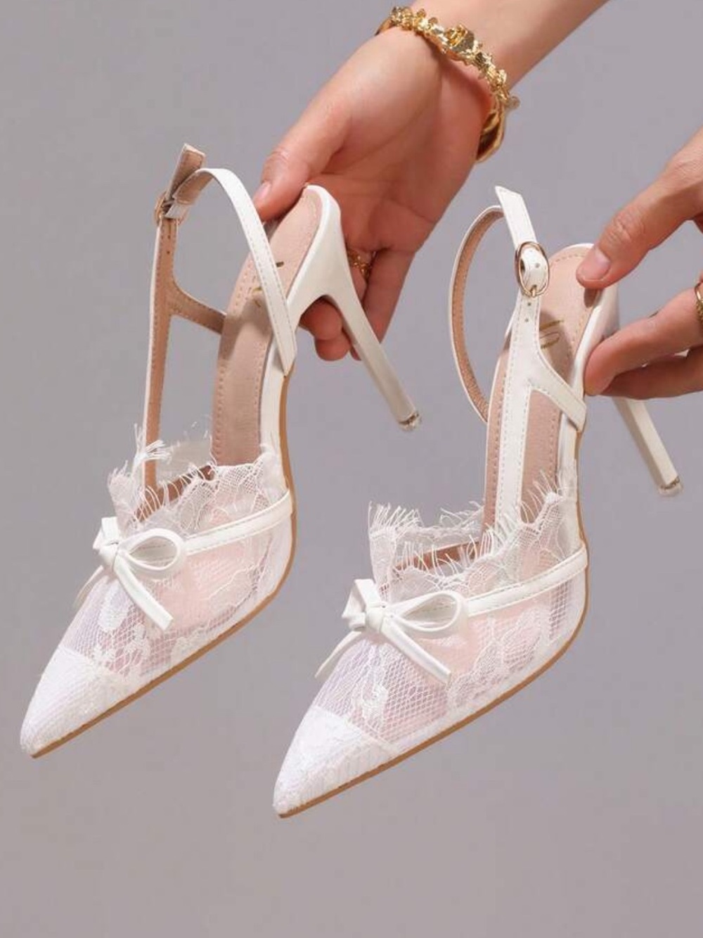 Elegant White Lace Pointed-Toe Bow Wedding Engagement Slingback Heels Size US9